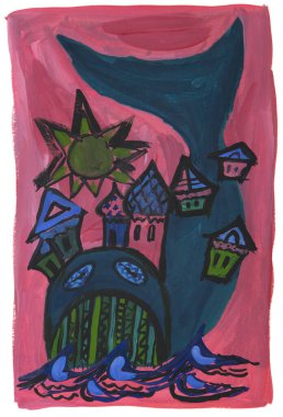 Sırtında evler ve kiliseler olan muhteşem bir balinanın Gouache çizimi. Denizde bir balina. Denizin üzerindeki güneş. Şekillendirilmiş çizim. Büyük vuruşlar. Kağıt üzerinde. Resim yapmak.