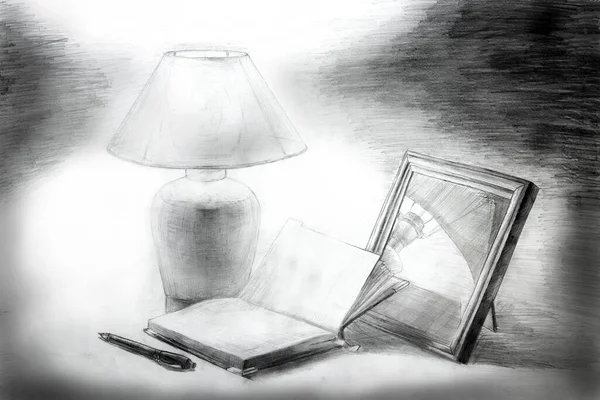 A drawing of a night lamp turned on, a notebook with a writing pen and a mirror building on a table. The lamp illuminates the darkness. Drawing with a graphic pencil. Drawing on paper