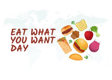 Ne yemek istiyorsan onu ye. Ne yemek istiyorsan ye. Kutlama günü. düz dizayn. İlan tasarımı. Düz illüstrasyon.