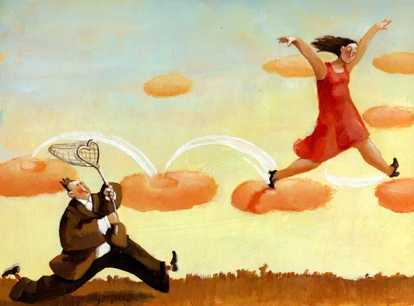 Jump woman and man cheerful surreal art — Stock Photo, Image