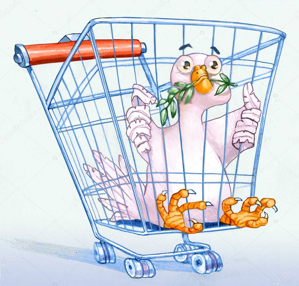 A dove is imprisoned in a shopping cart, a metaphor for wars caused by selfish and unconscious consumption