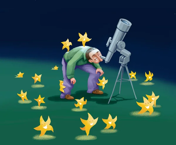 An astronomer looking at the sky with a telescope brings the magic of the universe to all of us on earth, shares his knowledge and transmits his curious and passionate vision of life to us.