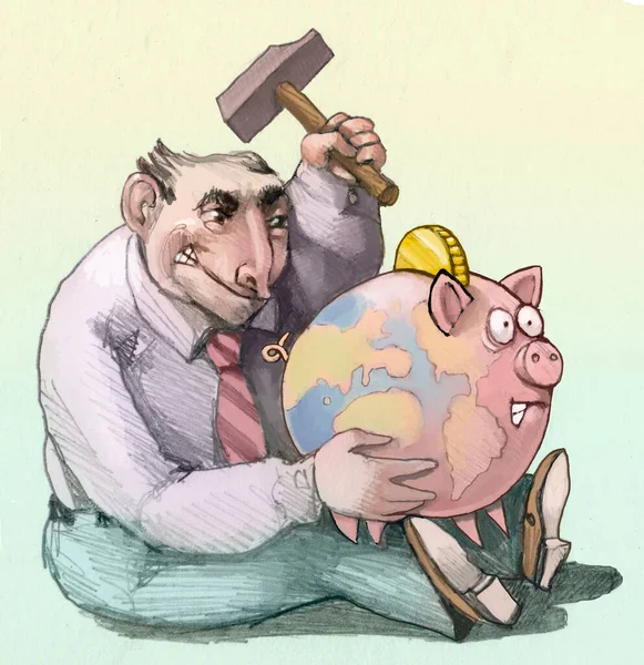 Man Breaks Piggy Bank Which Has Shape Planet Earth Finance — 图库照片