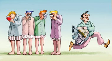a group of men look at their mobile phones and do not notice another man taking everyone's pants off leaving them in their underwear, a concept of data taken in the superficial lack of attention