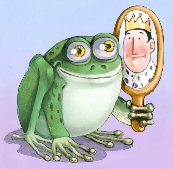 Frog Looks Mirror Sees King Concept Vanity — Foto de Stock