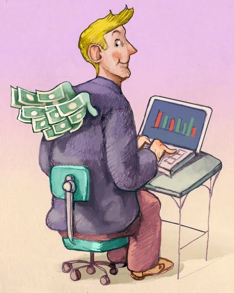 Man Front Computer Trading His Shoulders Sprouting Wings Made Banknotes — Foto Stock