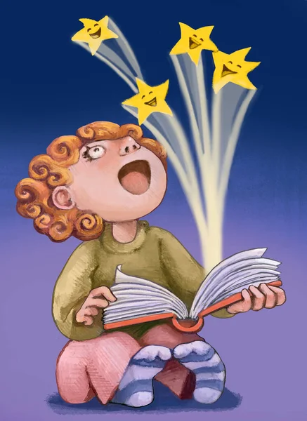 Little Girl Opens Book Smiling Stars Come Out Concept Reading — Stok fotoğraf