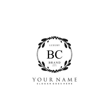 Başlangıçta BC güzellik monogramı ve zarif logo tasarımı, ilk imzadan oluşan el yazısı logosu, düğün, moda, çiçek ve yaratıcı şablona sahip botanik..
