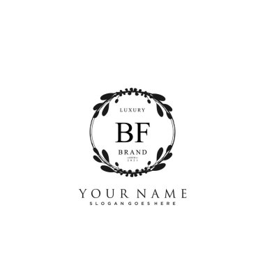 Başlangıçta BF güzellik monogramı ve zarif logo tasarımı, ilk imzadan oluşan el yazısı logosu, düğün, moda, çiçekli ve yaratıcı şablona sahip botanik.