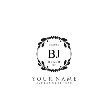 Başlangıçta BJ güzellik monogramı ve zarif logo tasarımı, ilk imzadan oluşan el yazısı logosu, düğün, moda, çiçekli ve yaratıcı şablona sahip botanik.