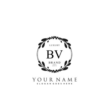 Başlangıçta BV güzellik monogramı ve zarif logo tasarımı, ilk imzadan oluşan el yazısı logosu, düğün, moda, çiçekli ve yaratıcı şablona sahip botanik.