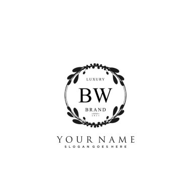 Başlangıçta BW güzellik monogramı ve zarif logo tasarımı, ilk imzadan oluşan el yazısı logosu, düğün, moda, çiçek ve yaratıcı şablona sahip botanik..