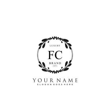 Başlangıçta FC güzellik monogramı ve zarif logo tasarımı, ilk imzadan oluşan el yazısı logosu, düğün, moda, çiçekli ve yaratıcı şablona sahip botanik.