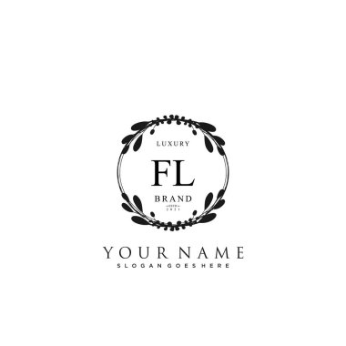 Başlangıçta FL güzellik monogramı ve zarif logo tasarımı, ilk imzadan oluşan el yazısı logosu, düğün, moda, çiçekli ve yaratıcı şablona sahip botanik..