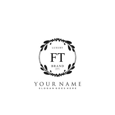 Başlangıçta FT güzellik monogramı ve zarif logo tasarımı, ilk imzadan oluşan el yazısı logosu, düğün, moda, çiçekli ve yaratıcı şablona sahip botanik..