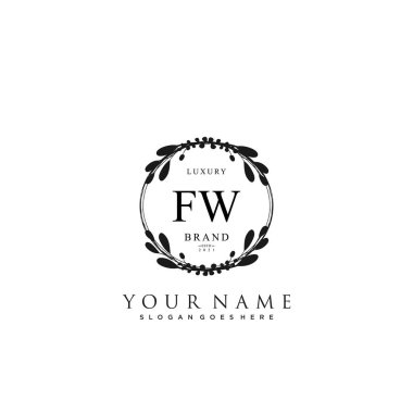 Başlangıçta FW güzellik monogramı ve zarif logo tasarımı, ilk imzadan oluşan el yazısı logosu, düğün, moda, çiçekli ve yaratıcı şablona sahip botanik.