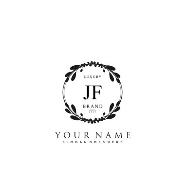 Başlangıçta JF güzellik monogramı ve zarif logo tasarımı, ilk imzadan oluşan el yazısı logosu, düğün, moda, çiçekli ve yaratıcı şablona sahip botanik..