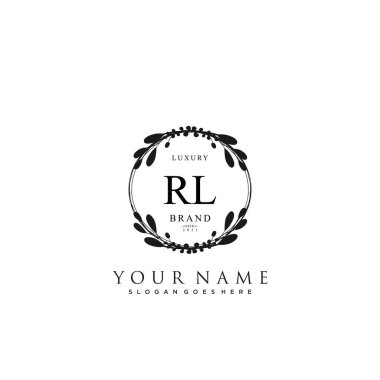 Başlangıçta RL güzellik monogramı ve zarif logo tasarımı, ilk imzadan oluşan el yazısı logosu, düğün, moda, çiçekli ve yaratıcı şablona sahip botanik.