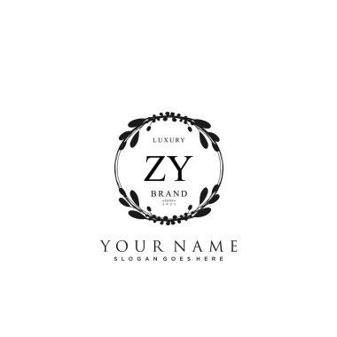 Başlangıçta ZY güzellik monogramı ve zarif logo tasarımı, ilk imzadan oluşan el yazısı logosu, düğün, moda, çiçekli ve yaratıcı şablona sahip botanik.