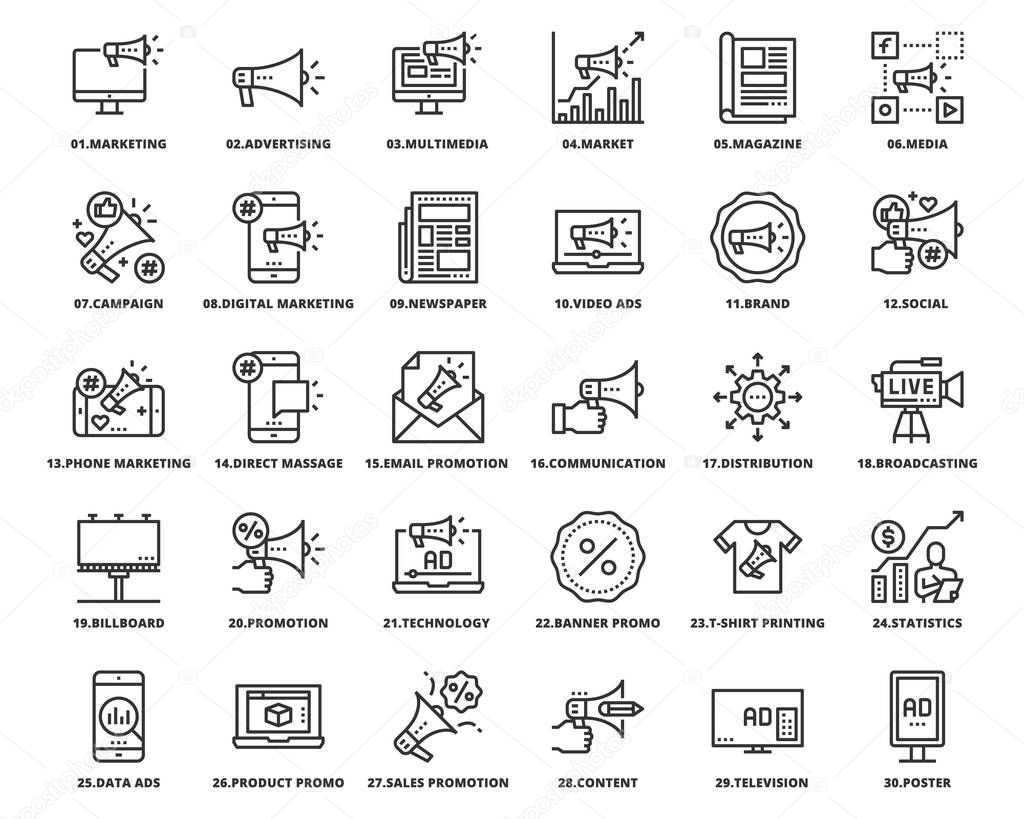 Advertising Promotion Line Icons, Pixel Perfect Design Simple Set For Using In Website Graphics Report Logo Infographics, Best Quality Outline Symbol Collection Icon Vector Illustration 