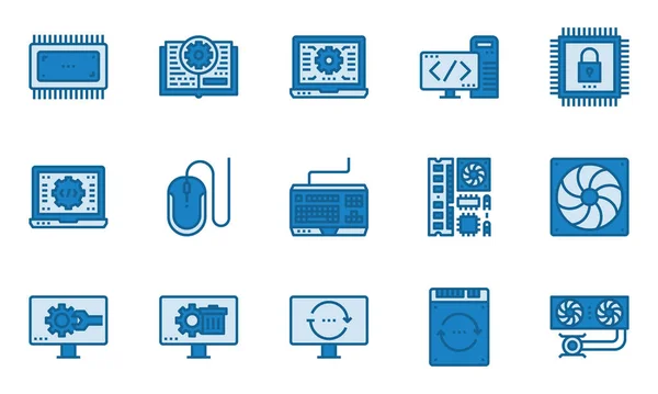 Matériel Informatique Icônes Bleu Couleur Système Refroidissement Logiciel Ordinateur Portable — Image vectorielle