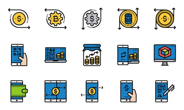 Ikonen Der Finanzbranche Linie Farbe Bankwesen Bitcoin Zahlung — Stockvektor