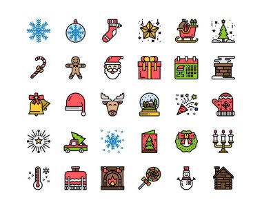  Noel Simgeleri Çizgisi Renk Vektörü İllüstrasyonu, Kar Tanesi, Şeker, Kızak, Noel Günü