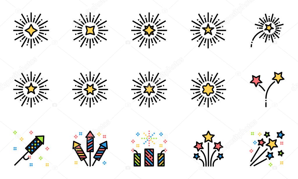 Fireworks Line Color  Icons  Vector Illustration , celebration, sparkle, party