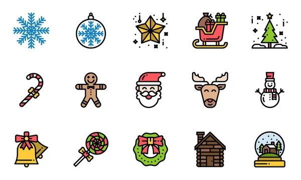 Weihnachten Icons Line Color Vector Illustration Schneeflocke Süßigkeiten Schlitten Weihnachten — Stockvektor