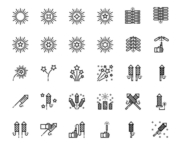 Ікони Феєрверки Лінія Векторні Ілюстрації Святкування Іскри Вечірка Новий Рік — стоковий вектор