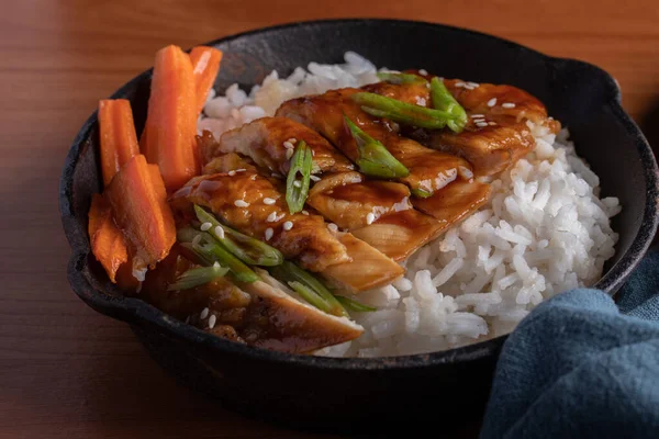 Chicken Teriyaki Sauce Carrot Garnished Rice — Stock Photo, Image