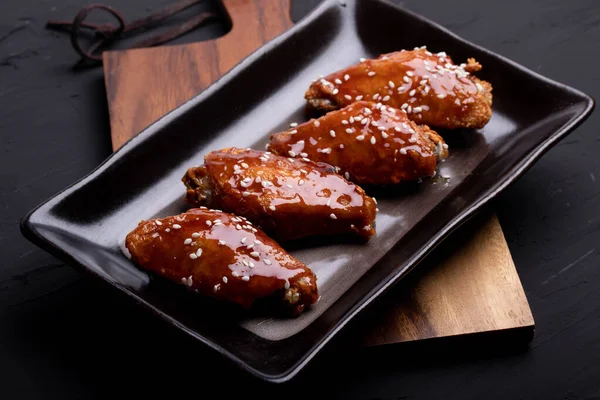 Fried Chicken Wings Spicy Sweet Korean Sauce Topped White Sesame — Stock Photo, Image