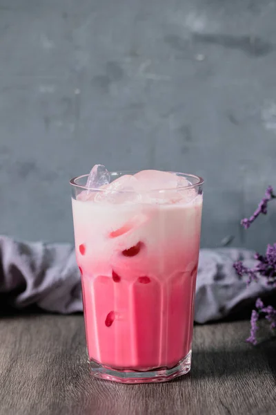 Cold Pink Milk Cold Drink Clear Glass Gray Background Thai — ストック写真