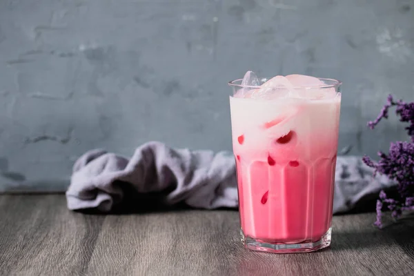 Cold Pink Milk Cold Drink Clear Glass Gray Background Thai — Stockfoto