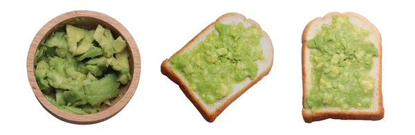 Avocado Wooden Cup Spread Bread White Background — Fotografia de Stock