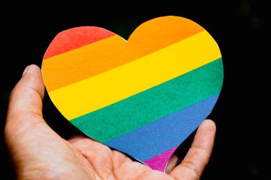 El ele tutuşan gökkuşağı renkli kağıt kalp şeklinde kesilmiş, lgbtq için konsept+