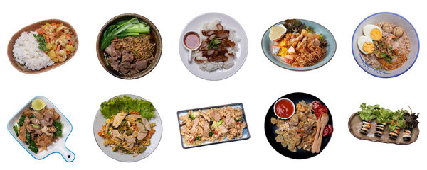 Thai food set on white background.Collection of food dishes