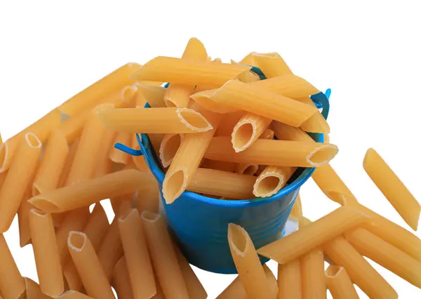 Raw Macaroni Blue Bucket White Background Top View — Stock Photo, Image