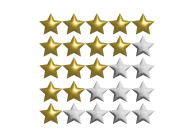 5 stars gold 1 star white rating concept in online shopping. Realistic 3d design of the object.