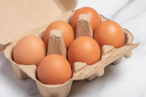 Cardboard Box Full Fresh Chicken Eggs White Background — Foto de Stock