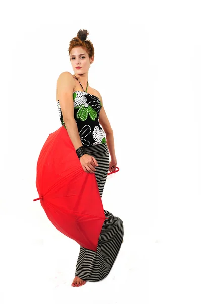 Young beauty with red umbrella — Stock Photo, Image