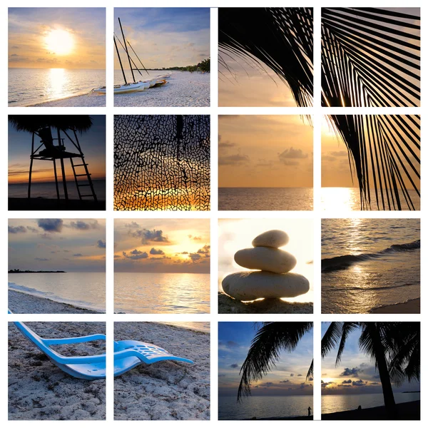 Collage playa atardecer tropical — Foto de Stock