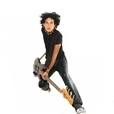 Young guy jumping with electric bass guitar clipart