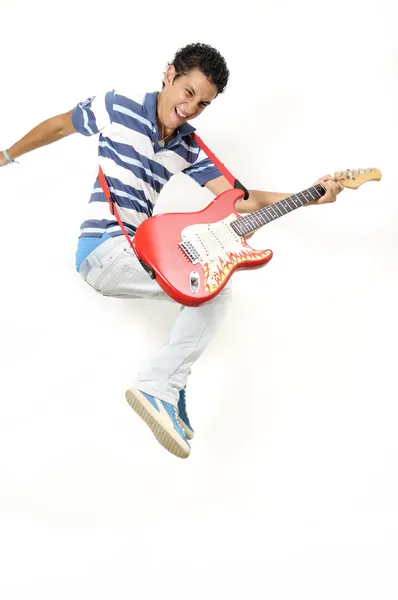 Jumping with electric guitar — Stock Photo, Image