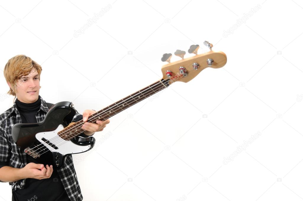 Holding bass guitar