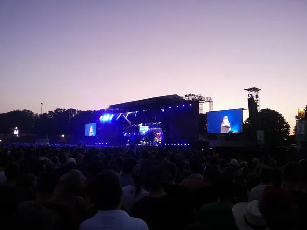 Wieczorny Koncert Rockowy Przed Dużą Publicznością Świeżym Powietrzu — Zdjęcie stockowe
