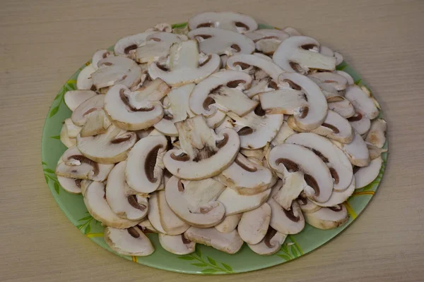 Champignon Mushrooms Cut Slices Glass Green Plate Middle Frame Ready — Stock Photo, Image