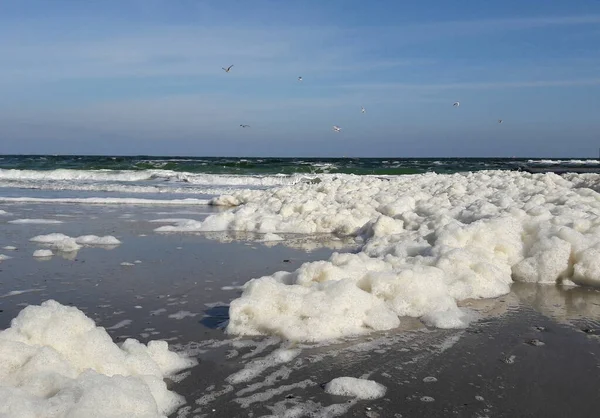 Un sacco di schiuma bianca sulla costa. Fotografato da un angolo basso — Foto Stock