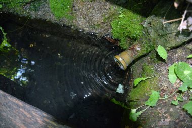 Bir akarsu, temiz suyla birlikte kaynak borusundan küçük bir su deposuna akar ve su yüzeyinde daireler çizerek dağılır..