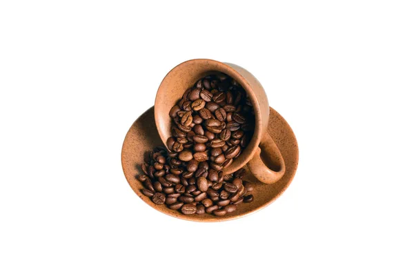 Hnědý Keramický Šálek Podšálek Převrátí Posype Kávovými Zrny Pohár Stojí — Stock fotografie